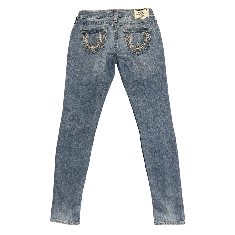 True Religion Womens Skinny Jeans 28 32 Light Wash Distressed Embroidered Blue - Picture 5 of 8